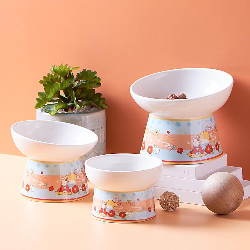 Миски для воды для кошачьей еды, приподнятые керамические кормушки для питья и еды для домашних животных, милые аксессуары для кормления с мультяшным принтом для кошек