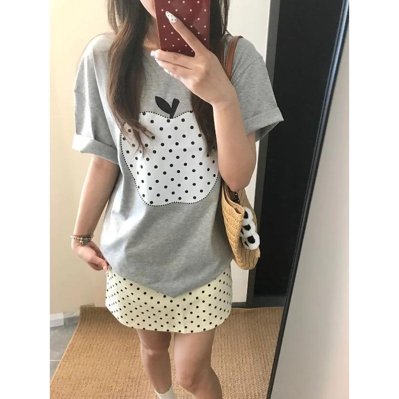 Korean Style Lazy Style Cute Apple Polka Dot Print Short-sleeved T-shirt for Women Summer Loose Hemp Gray Cotton Top S серый
Korean Style Lazy Style Cute Apple Polka Dot Print Short-sleeved T-shirt for Women Summer Loose Hemp Gray Cotton Top S серый