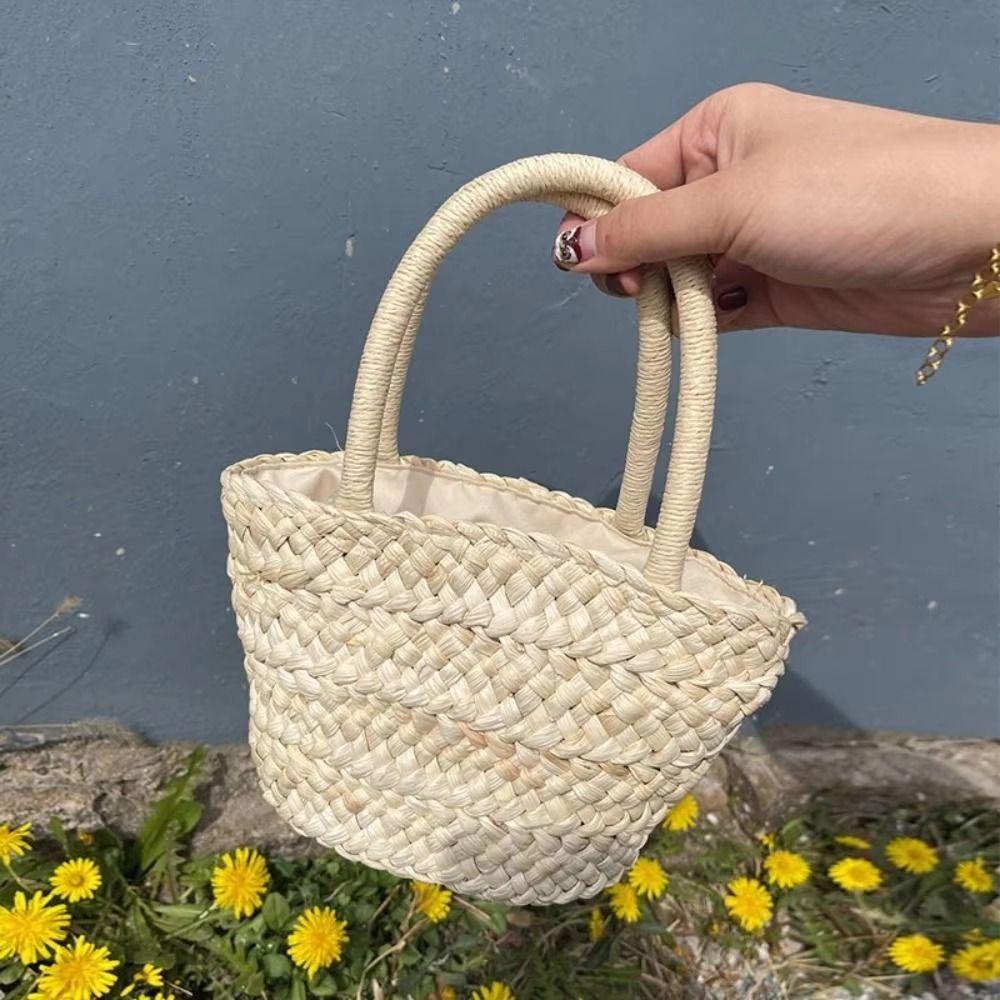 Drawstring Lining Portable Straw Handbag Top-handle Summer Beach Bag Small Woven Basket Holiday no liner
Drawstring Lining Portable Straw Handbag Top-handle Summer Beach Bag Small Woven Basket Holiday no liner