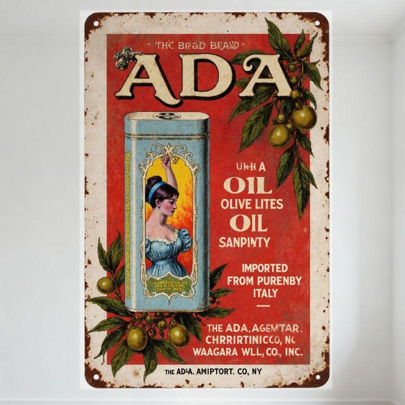 Vintage The Ada Brand Ada Oil Metal Tin Sign, Retro Advertisement with Blue Can & Olive Illustration, for Man Cave Home Bar Cafe 20x30cm(7.8x11.8inch)
Vintage The Ada Brand Ada Oil Metal Tin Sign, Retro Advertisement with Blue Can & Olive Illustration, for Man Cave Home Bar Cafe 20x30cm(7.8x11.8inch)