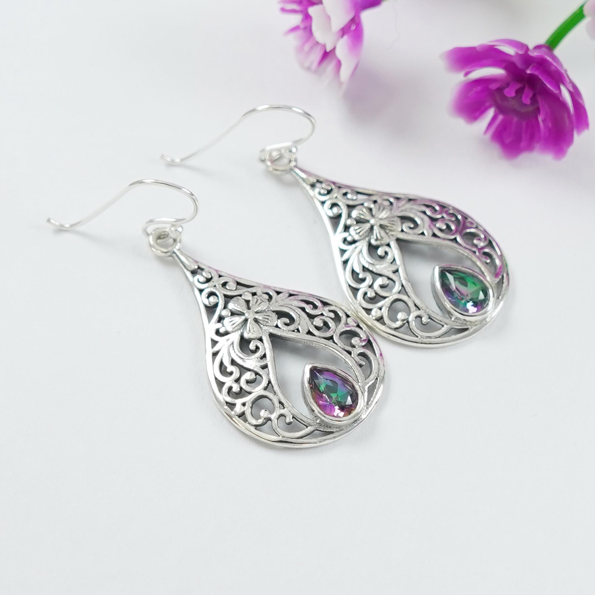 Mystic Topaz Teardrop Earrings, Filigree 925 Sterling Silver Earring, Gemstone Earring, Birthday Gift
Mystic Topaz Teardrop Earrings, Filigree 925 Sterling Silver Earring, Gemstone Earring, Birthday Gift