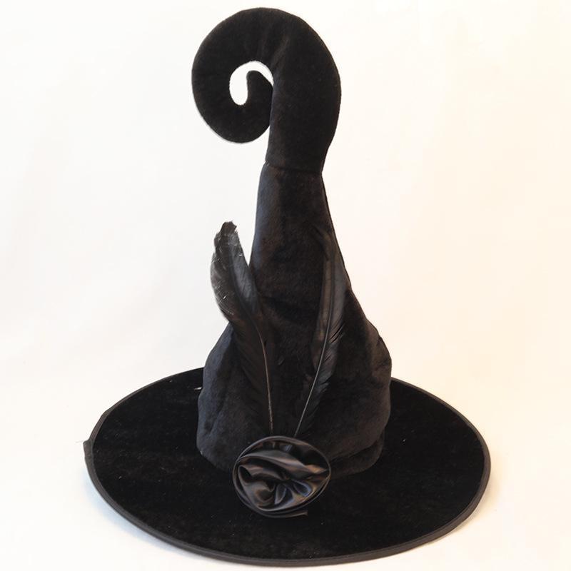 Шляпа ведьмы на ХэллоуинПраздничная шляпаШляпа ведьмыШляпа для маскарадного костюмаШляпа с черными перьямиШляпа из золотого бархатаМодные аксессуары