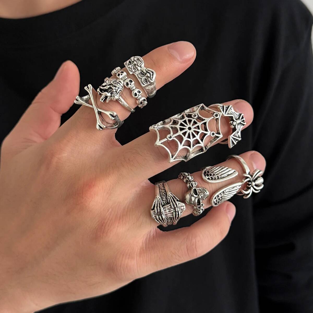 Salircon 10 Pcs/Set Goth Creative Skull Spider Rings Men Vintage Punk Silver Color Hollowout Trend Rings Festival Party Jewelry
Salircon 10 Pcs/Set Goth Creative Skull Spider Rings Men Vintage Punk Silver Color Hollowout Trend Rings Festival Party Jewelry