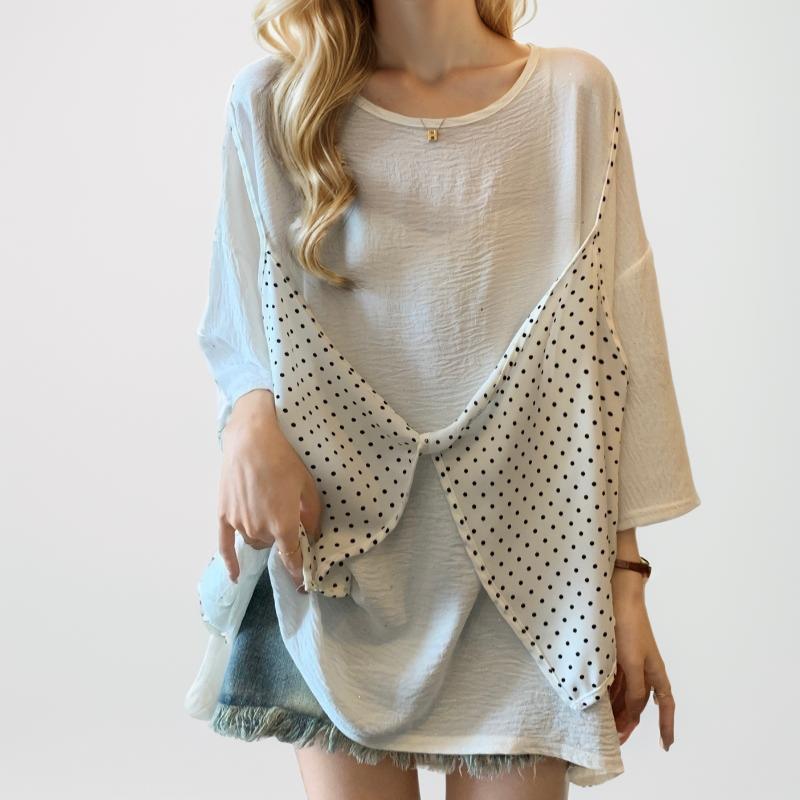 DIMANAF 2024 футболка больших размеров повседневная рубашка женская с коротким рукавом летние свободные стильные топы модная блузка в горошек L белый