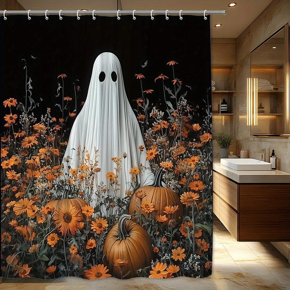 1Pc Halloween Shower Curtain - Spooky White With Black Eyes In Autumn Field Of Orange Marigolds & Pumpkins On Black Background, W60H190(CM)-1 Pcs
1Pc Halloween Shower Curtain - Spooky White With Black Eyes In Autumn Field Of Orange Marigolds & Pumpkins On Black Background, W60H190(CM)-1 Pcs