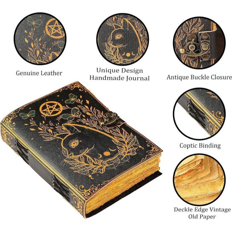 Blank Leather Spell Book: Cat Design Grimoire, Handmade Journal 7 x 5 inch
Blank Leather Spell Book: Cat Design Grimoire, Handmade Journal 7 x 5 inch