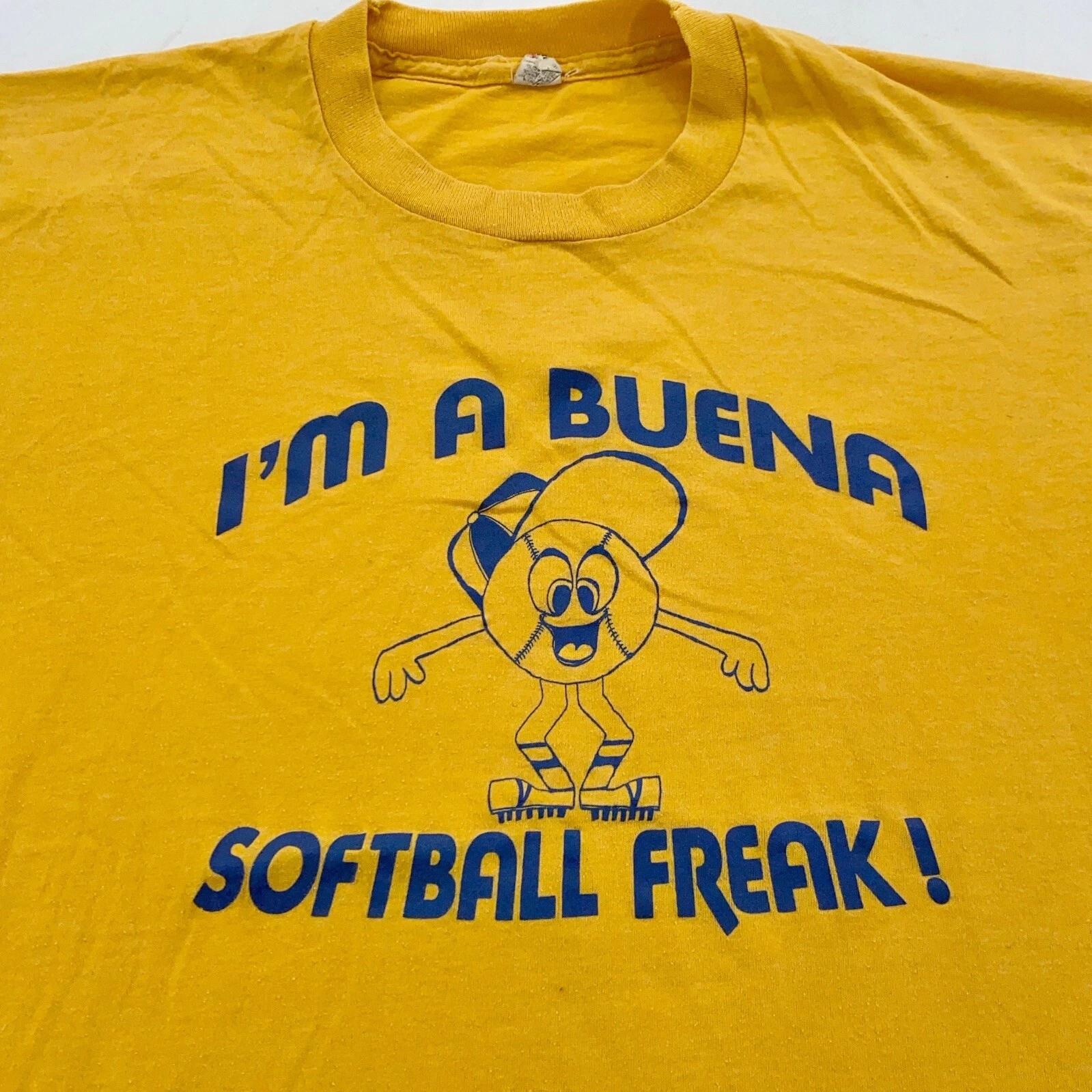 vintage 80s I’M A BUENA NJ SOFTBALL FREAK CARTOON T-Shirt MEDIUM soft thin 2XL
vintage 80s I’M A BUENA NJ SOFTBALL FREAK CARTOON T-Shirt MEDIUM soft thin 2XL