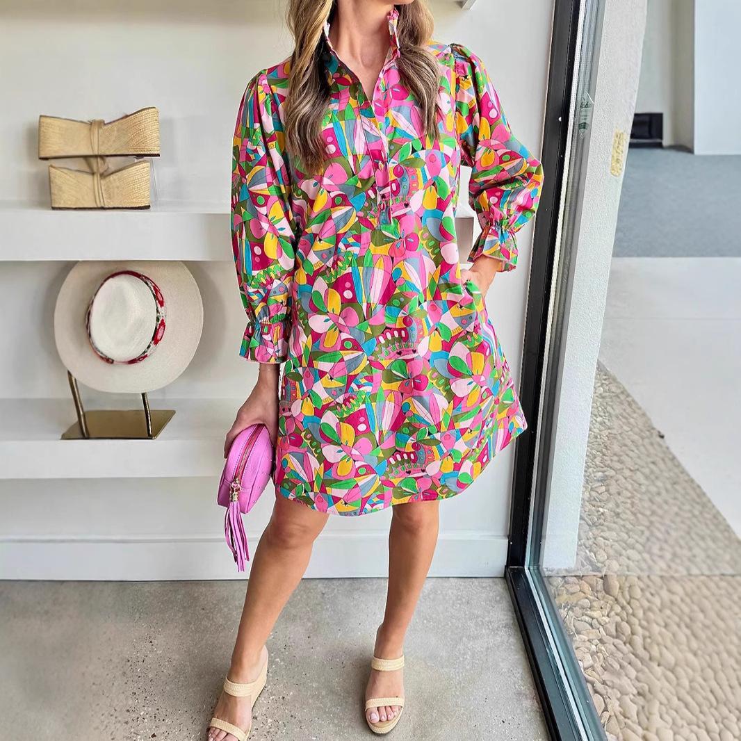 SHIYING Women s Geometric Pattern High-Waist Midi Dress with Button Collar and Bubble Sleeves. S
SHIYING Women s Geometric Pattern High-Waist Midi Dress with Button Collar and Bubble Sleeves. S