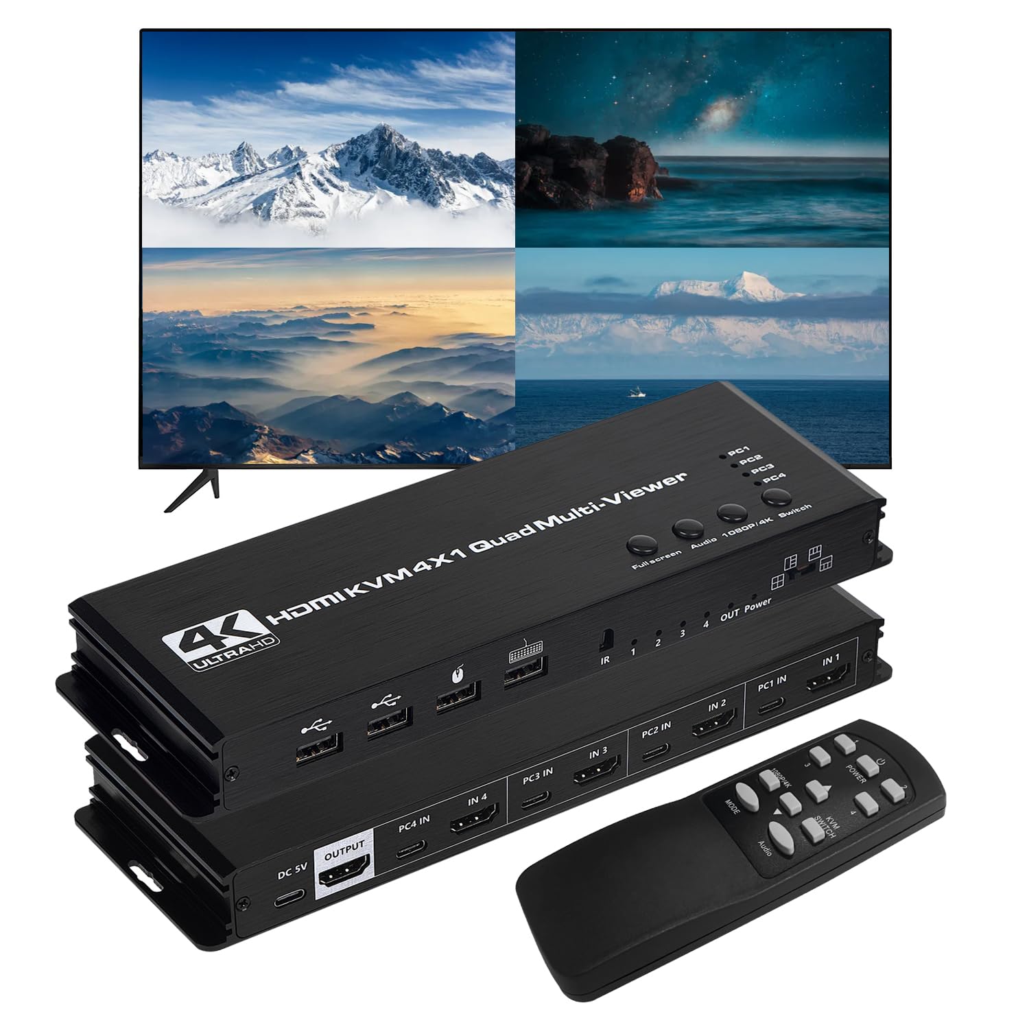 KVM HDMI screen split switch multifunctional 4x1 KVM switch for sharing 4 computers at the same time HDMI screen splitter 4 inputs 1 output HDMI
KVM HDMI screen split switch multifunctional 4x1 KVM switch for sharing 4 computers at the same time HDMI screen splitter 4 inputs 1 output HDMI