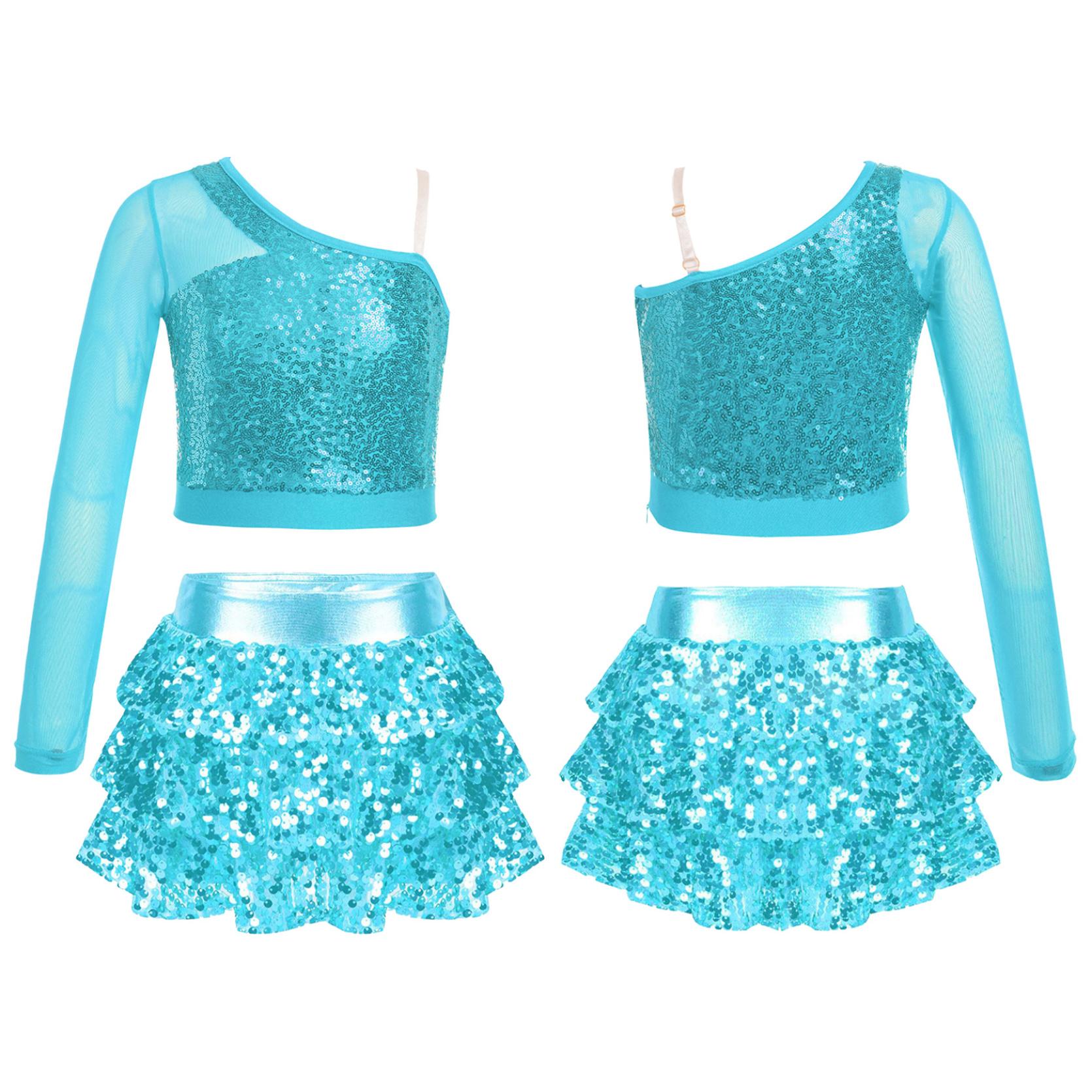 Детский костюм для танцевального выступления для девочек, топ на одно плечо с блестками и длинными рукавами, многоярусные шорты с рюшами и юбкой светло-синий