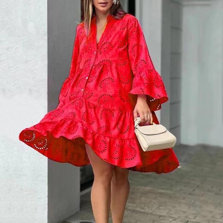 Elegant V Neck Lace Hollow Embroidery Summer Casual Dress Women Solid Loose Mini Vintage Beach Sexy Dresses S червоний
Elegant V Neck Lace Hollow Embroidery Summer Casual Dress Women Solid Loose Mini Vintage Beach Sexy Dresses S червоний