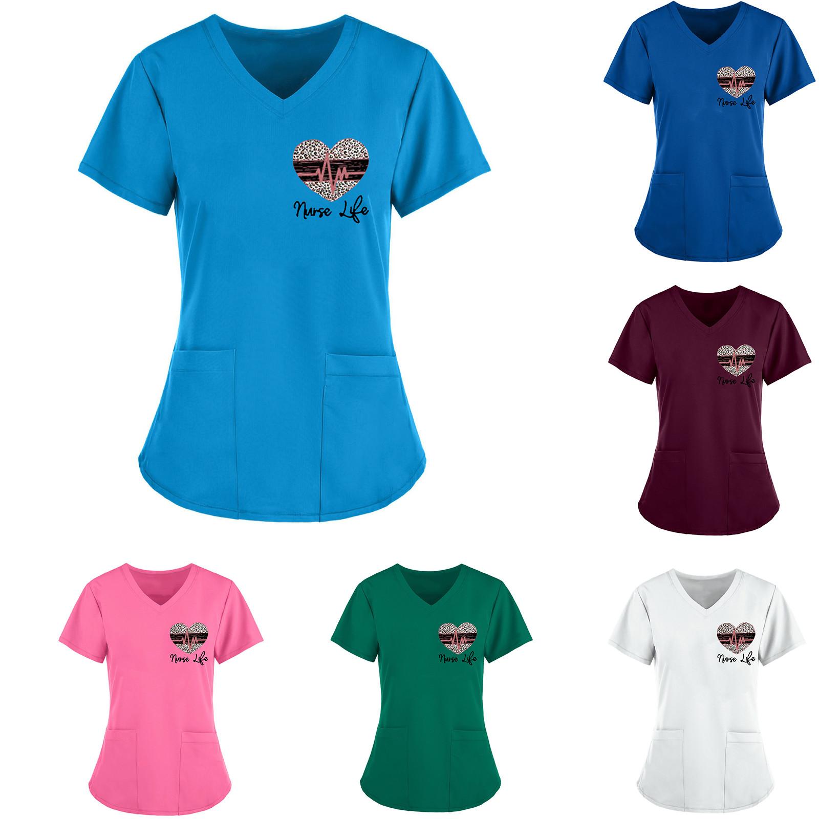 Женщины с коротким рукавом V-образным вырезом Топы Рабочий сплошной цвет Карманная блузка 
Женщины с коротким рукавом V-образным вырезом Топы Рабочий сплошной цвет Карманная блузка