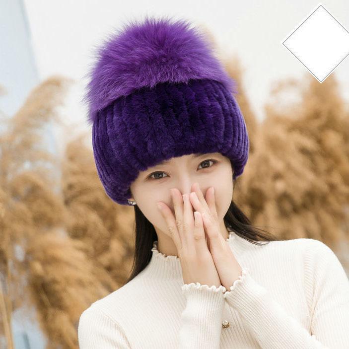Зимняя теплая женская шапка из меха лисы и рекса, меховая шапка из рептилии, хорошая эластичность good elasticity фиолетовый