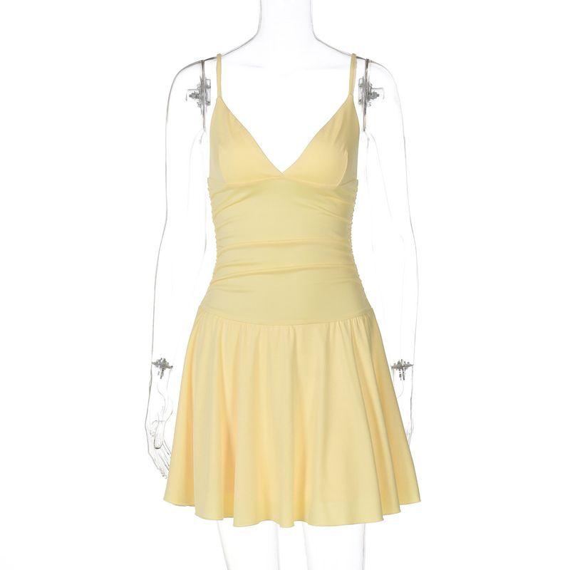 European American Summer New Sexy V-neck Pure Color Fresh Air Silm Short Princess Sling Dress Yellow S
European American Summer New Sexy V-neck Pure Color Fresh Air Silm Short Princess Sling Dress Yellow S