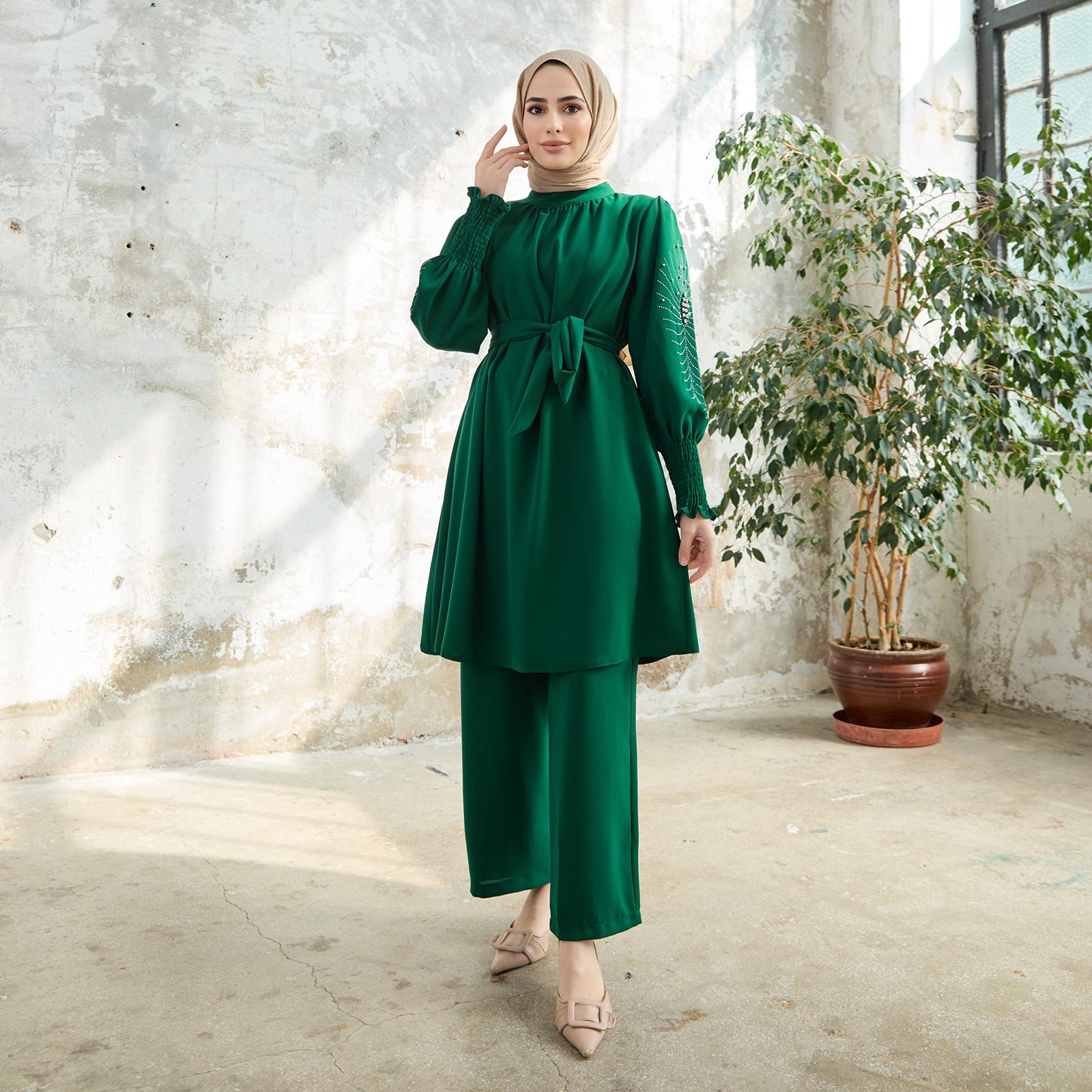 Женские брюки-туники с вышитыми камнями рукавами Двойной костюм M изумрудный 
Женские брюки-туники с вышитыми камнями рукавами Двойной костюм M изумрудный