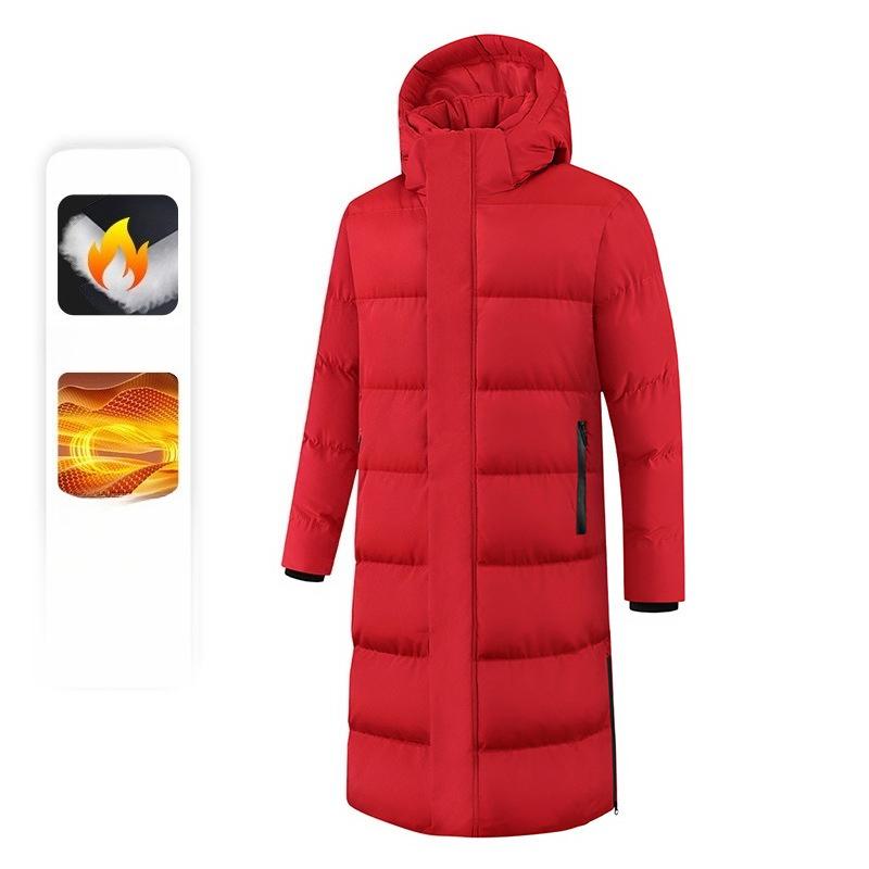Большой красный однотонный хлопковый наряд Длинный участок до колена Зимнее утолщенное теплое пальто из графенового хлопка с капюшоном Защищающее от холода Северо-восточный хлопок 5XL