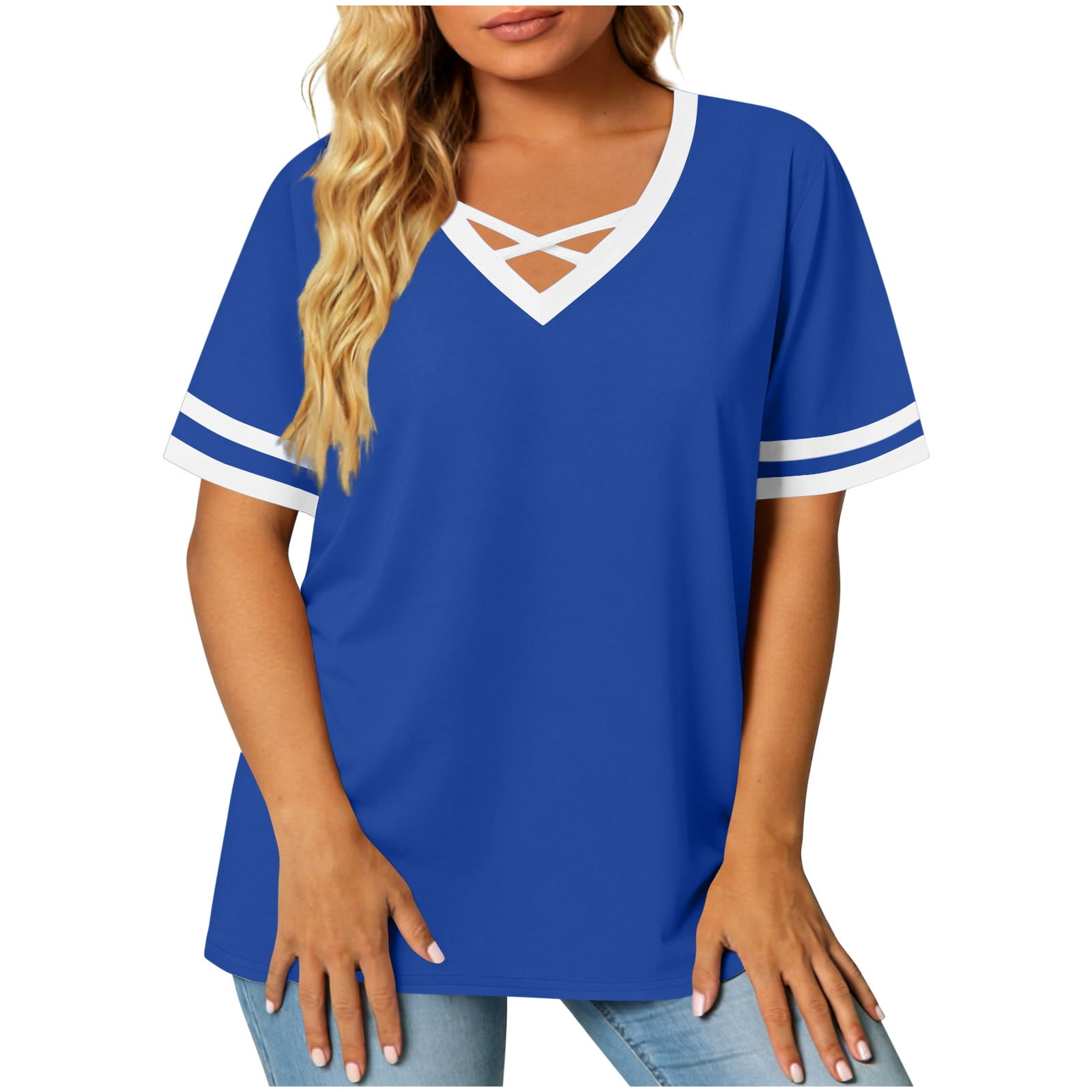 Women’s Short Sleeve V Neck Strappy Loose Fit Top with Double Stripe Sleeve Casual Tunic Blouse for Daily Wear M
Women’s Short Sleeve V Neck Strappy Loose Fit Top with Double Stripe Sleeve Casual Tunic Blouse for Daily Wear M