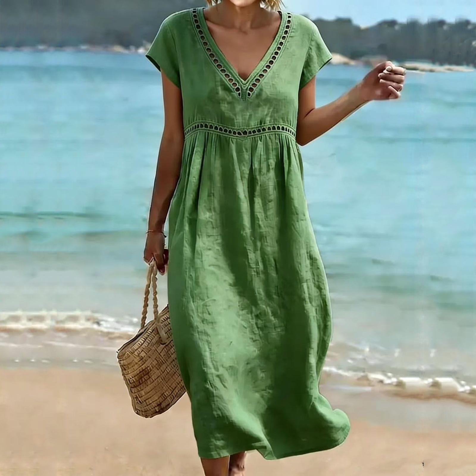 Women s Summer Round V-Neck Short-Sleeve -Color Cotton-Linen Dress With Openwork Lace S зелений
Women s Summer Round V-Neck Short-Sleeve -Color Cotton-Linen Dress With Openwork Lace S зелений