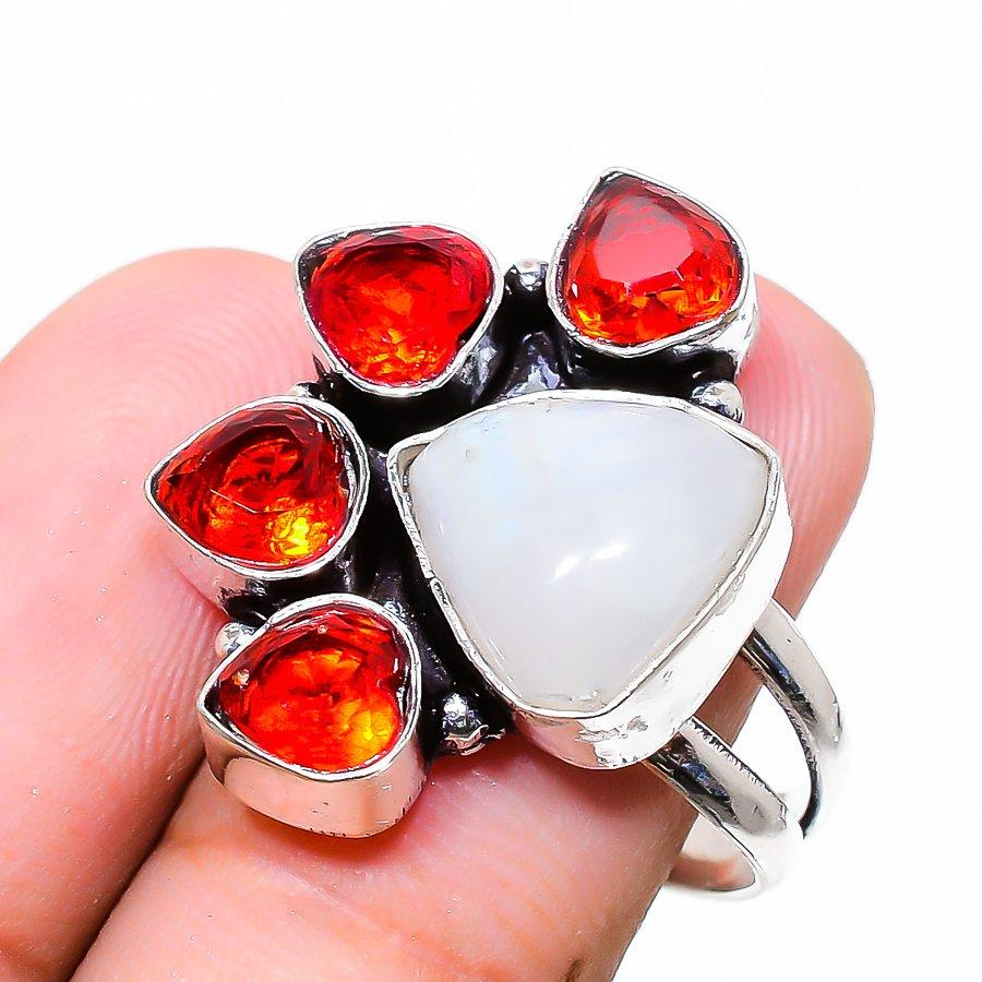 Кольцо из стерлингового серебра 925 пробы с натуральным радужным лунным камнем и гранатом, размер 7 Y5k27