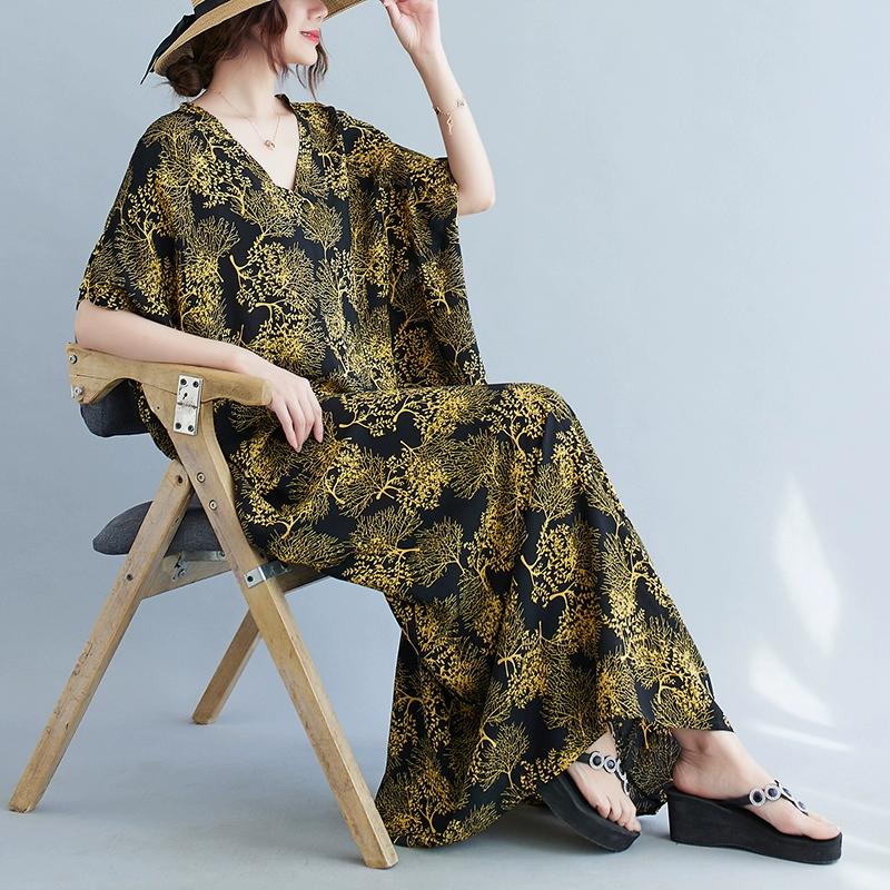 DIMANAF 2024 платье больших размеров женский летний сарафан с v-образным вырезом богемный свободный макси-платье большого размера с цветочным принтом 5309 One Size