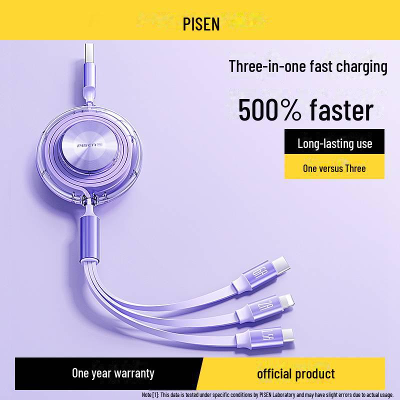 PISEN 3-in-1 Fast Charging Cable: 6A for Apple & Huawei, Perfect for Gifts & Car Charging 1.2M 3A
PISEN 3-in-1 Fast Charging Cable: 6A for Apple & Huawei, Perfect for Gifts & Car Charging 1.2M 3A