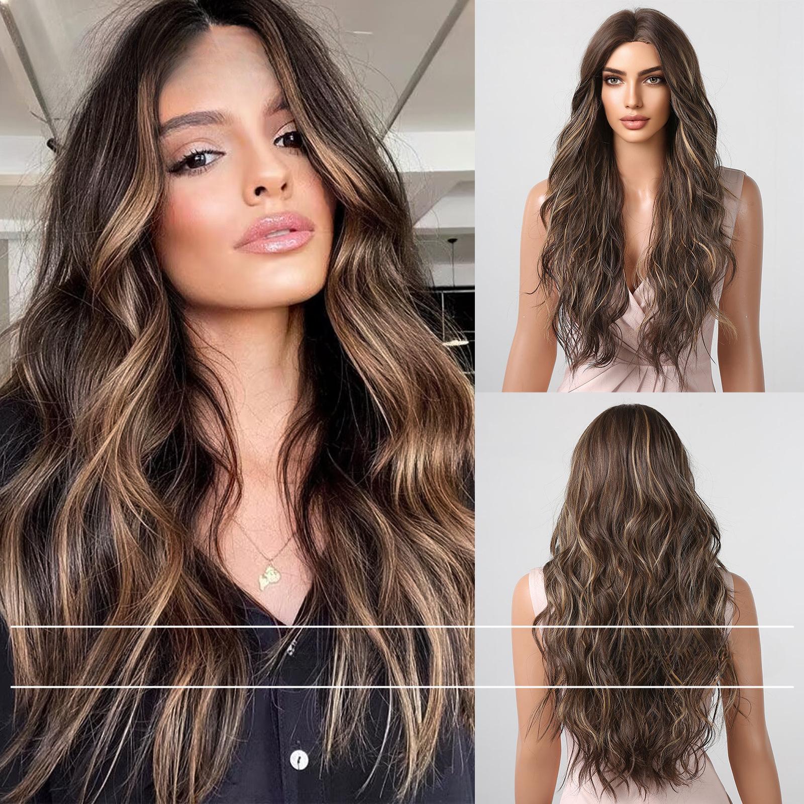 Парик Эммор, женские длинные волосы, натуральные черные коричневые длинные вьющиеся волосы, ветровая волна, средние точки, без челки, парик, чехол lc1036