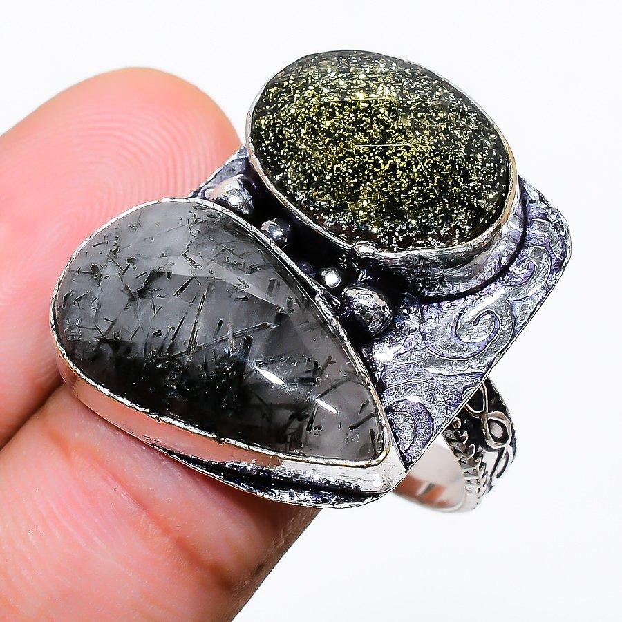 Кольцо из стерлингового серебра 925 пробы с натуральным черным рутилом и дихроичным драгоценным камнем, размер 11 Y7H35 
Кольцо из стерлингового серебра 925 пробы с натуральным черным рутилом и дихроичным драгоценным камнем, размер 11 Y7H35