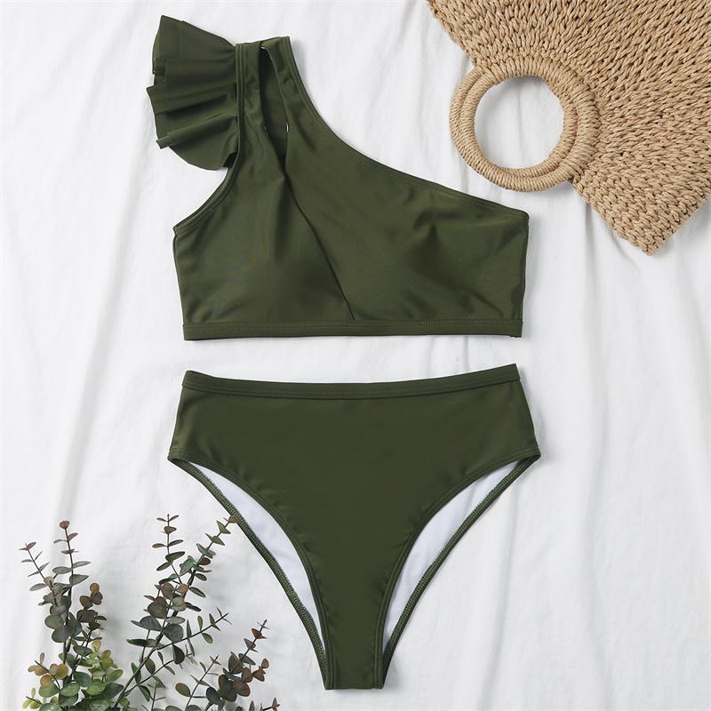 Buy New Bikini Set Fashion One Shoulder Cutout Ruffle Solid Color