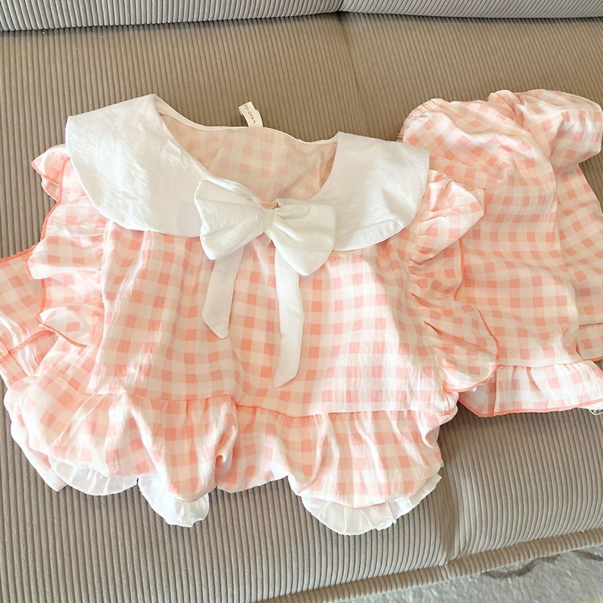 Plaid princess style girl pajamas summer short-sleeved shorts lace two-piece set women s casual loungewear can be worn outside S
Plaid princess style girl pajamas summer short-sleeved shorts lace two-piece set women s casual loungewear can be worn outside S