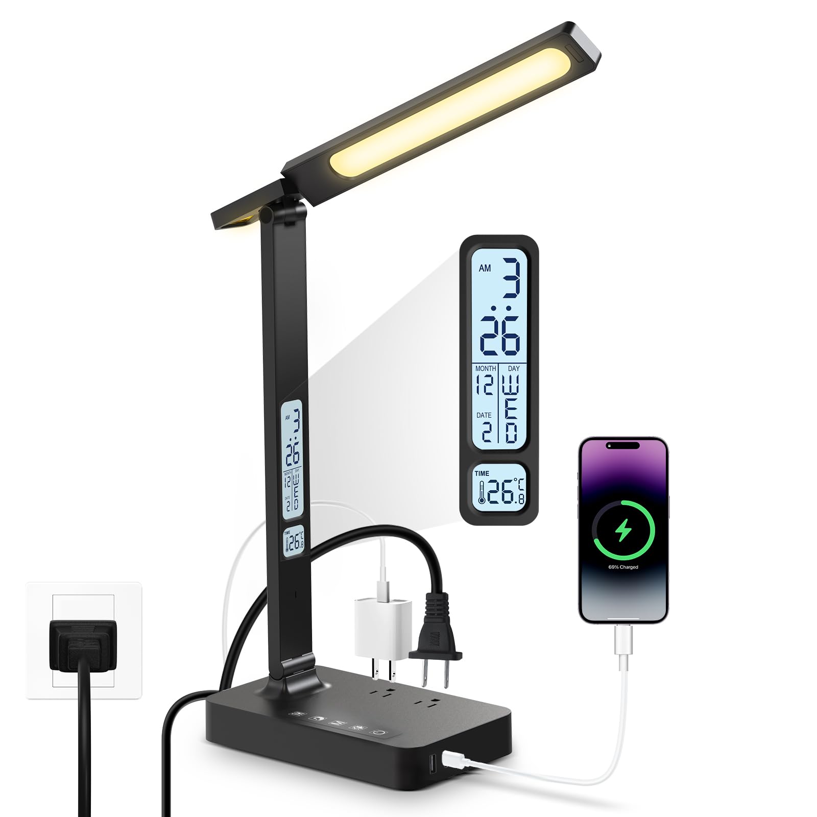 8в1 Многофункциональный настольный светильник Настольная лампа для учебы USB-терминал с 2 выходами переменного тока Выходная мощность 600 люмен Цветопередача 90Ra Функция таймера 
8в1 Многофункциональный настольный светильник Настольная лампа для учебы USB-терминал с 2 выходами переменного тока Выходная мощность 600 люмен Цветопередача 90Ra Функция таймера