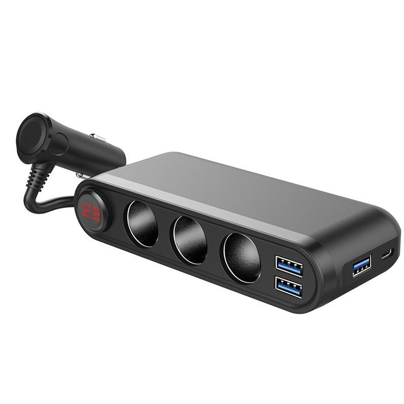 3USB QC3.0 быстрая зарядка + PD 120 Вт автомобильное зарядное устройство 3 в 1 прикуриватель чёрный