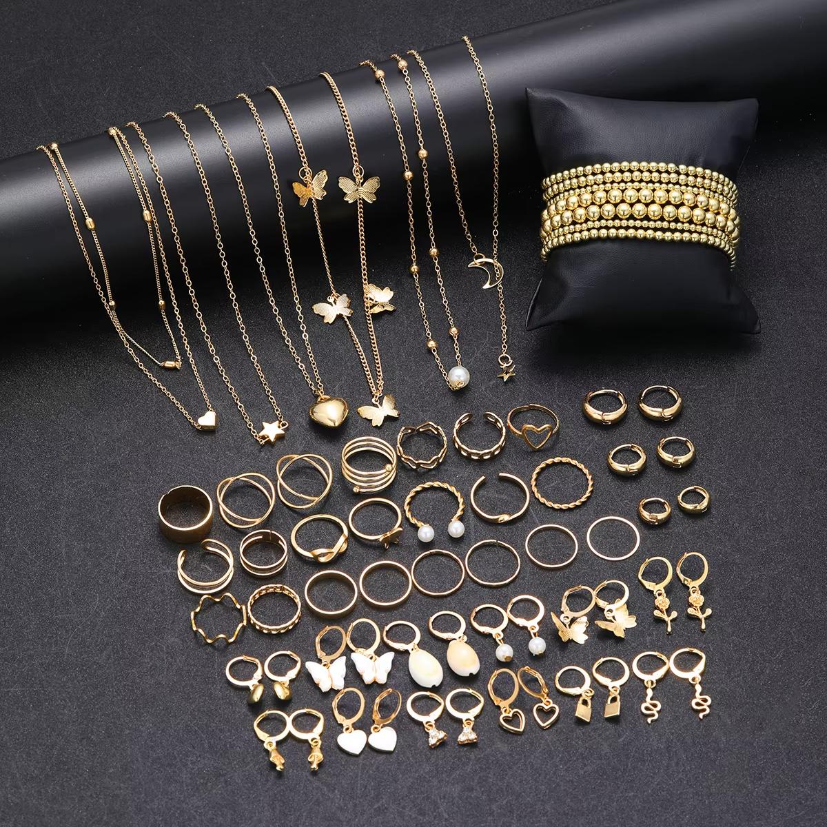 65Pcs Vintage Boho Gold Color Jewelry Set For Women Fashion Butterfly Star Heart Pearl Zircon Earring Ring Necklace Bracelet Set
65Pcs Vintage Boho Gold Color Jewelry Set For Women Fashion Butterfly Star Heart Pearl Zircon Earring Ring Necklace Bracelet Set