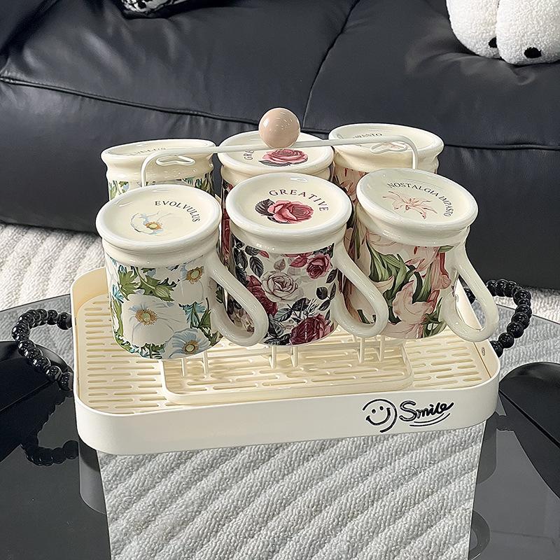 Ретро Литературная Французская Кружка с Принтом Креативный Пасторальный Стиль Растения Цветочный Стиль Керамический Набор Чашек для Воды 300ml