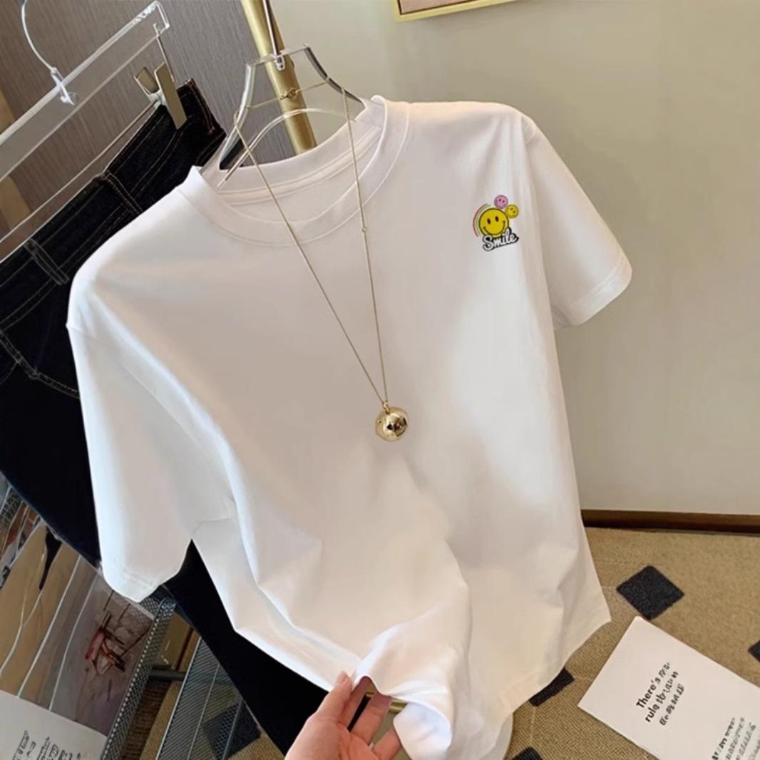 High-end foreign style smiley face short-sleeved front shoulder pure cotton T-shirt women s design sense loose and versatile casual personalized top S
High-end foreign style smiley face short-sleeved front shoulder pure cotton T-shirt women s design sense loose and versatile casual personalized top S