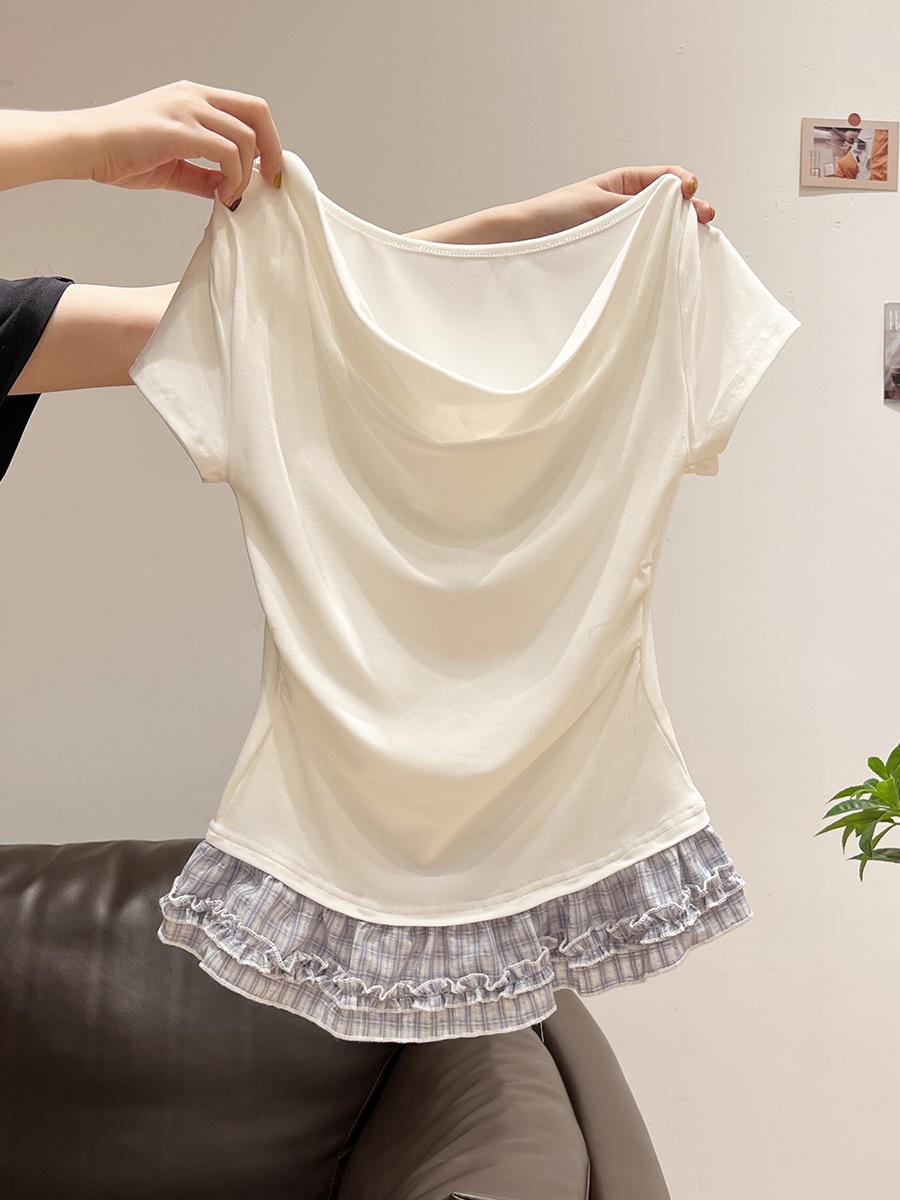 Plaid fungus edge splicing hem short-sleeved T-shirt women s summer new swinging neck pleated thin scarf small top XL білий
Plaid fungus edge splicing hem short-sleeved T-shirt women s summer new swinging neck pleated thin scarf small top XL білий