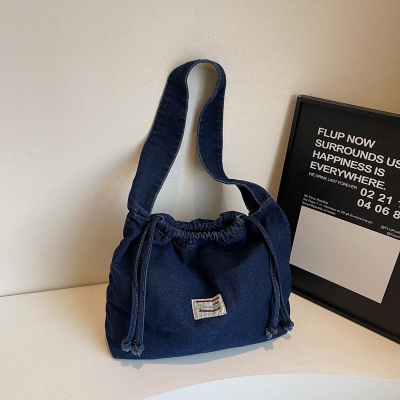Студенческая джинсовая сумка на шнурке в корейском стиле - Большая вместимость, Повседневная весенняя наплечная сумка темно-синий