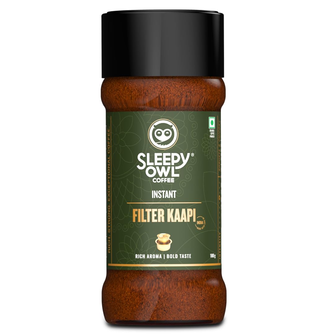 Sleepy Owl 100gm Filter Kaapi Premium Instant Coffee | Authentic Robusta & Chicory Blend | Filter Coffee Powder | Have It Milky & Frothy | Makes
Sleepy Owl 100gm Filter Kaapi Premium Instant Coffee | Authentic Robusta & Chicory Blend | Filter Coffee Powder | Have It Milky & Frothy | Makes