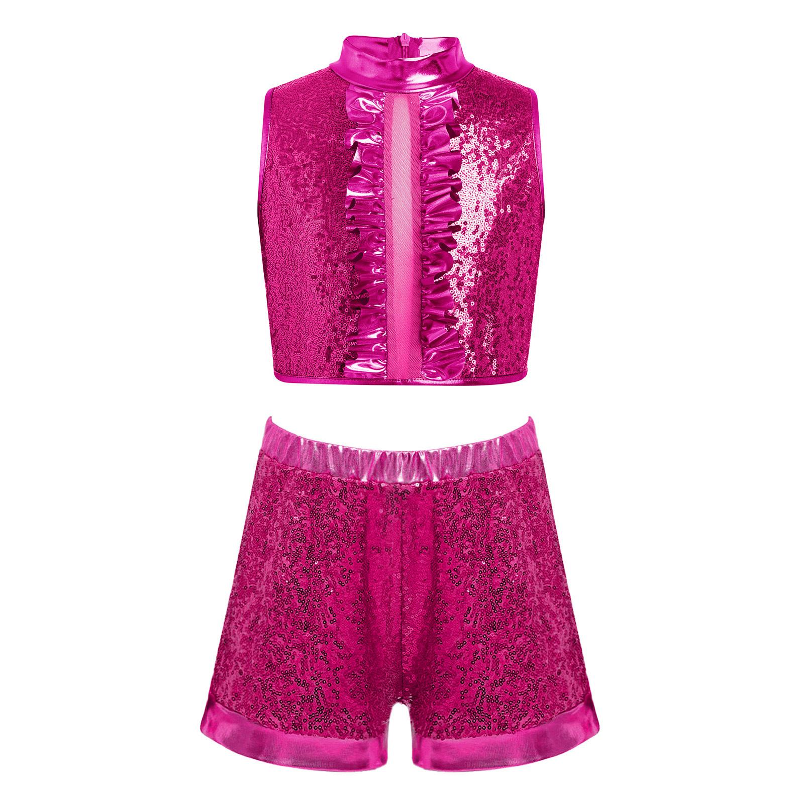 Girls Sequin Metallic Jazz Dance Outfit Mock Neck Sleeveless Back Invisible Zipper Ruffles Crop Top Shorts Set 5-6 Years гарячі рожевого кольору
Girls Sequin Metallic Jazz Dance Outfit Mock Neck Sleeveless Back Invisible Zipper Ruffles Crop Top Shorts Set 5-6 Years гарячі рожевого кольору