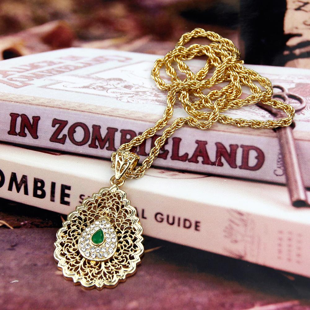 Новое женское ожерелье золотого цвета, полое металлическое длинное ожерелье с арабесками и листьями, цепочка для невесты, свадебные украшения зелёный