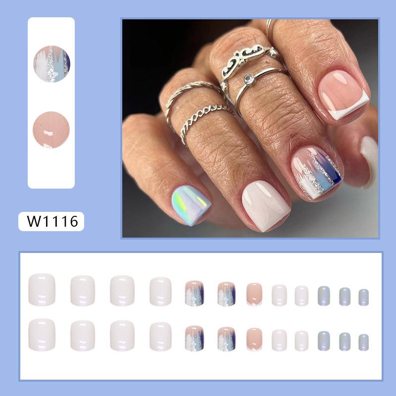 Short milky white aurora solid color small fresh blue and white mountain glitter fake nails wearing armor
Short milky white aurora solid color small fresh blue and white mountain glitter fake nails wearing armor