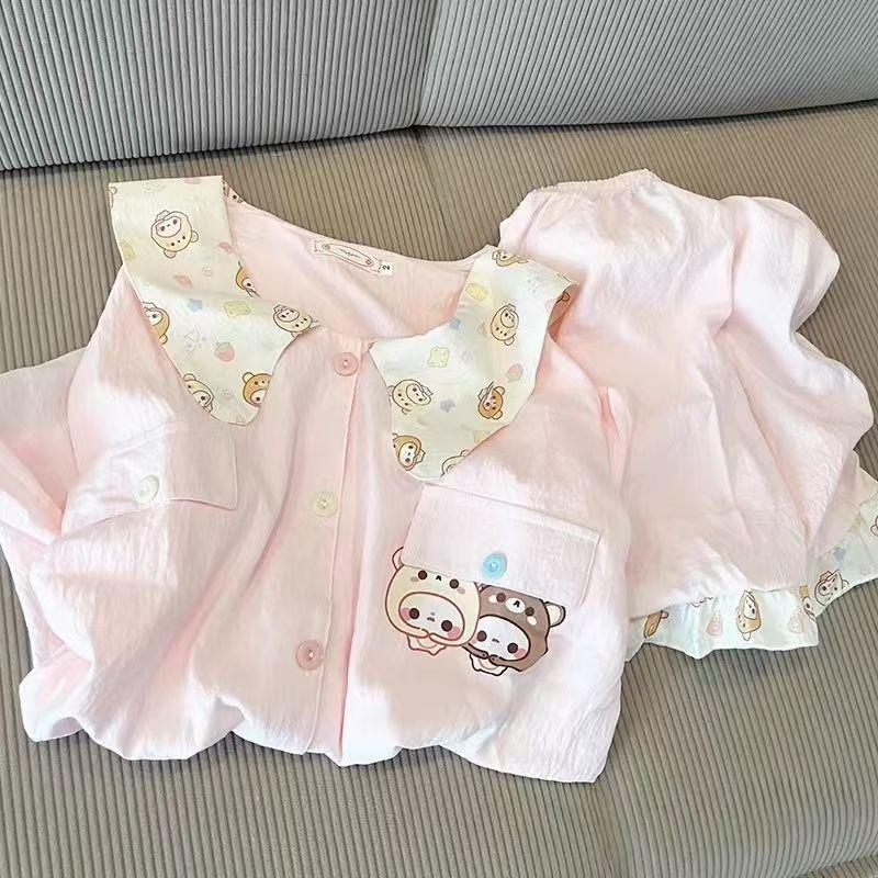 Cute pink doll collar easy bear pajamas women s summer short-sleeved shorts cardigan two-piece set student loungewear S
Cute pink doll collar easy bear pajamas women s summer short-sleeved shorts cardigan two-piece set student loungewear S