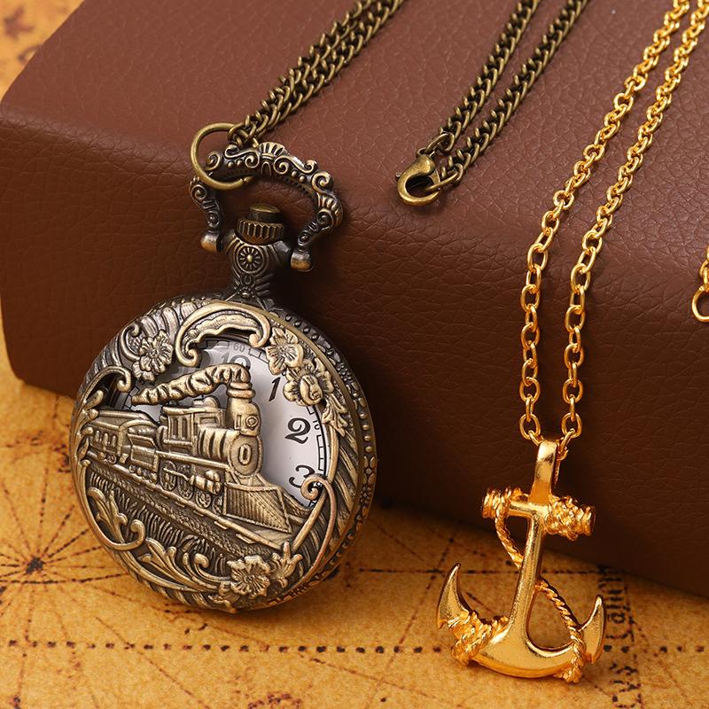 2 шт./набор, 1 шт. модные мужские винтажные выдолбленные кварцевые карманные часы с дизайном локомотива и 1 шт. классическое мужское золотое ожерелье с якорем, идеально подходит для подарков мужчинам