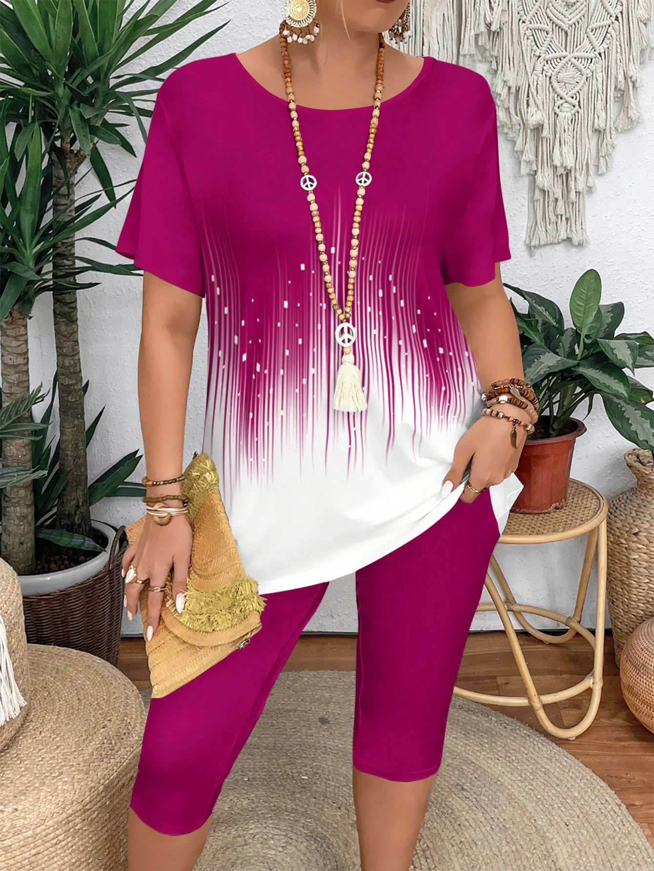 Женский комплект для отдыха из топа с коротким рукавом с эффектом омбре от синего к белому и синих укороченных брюк 4XL розы красного