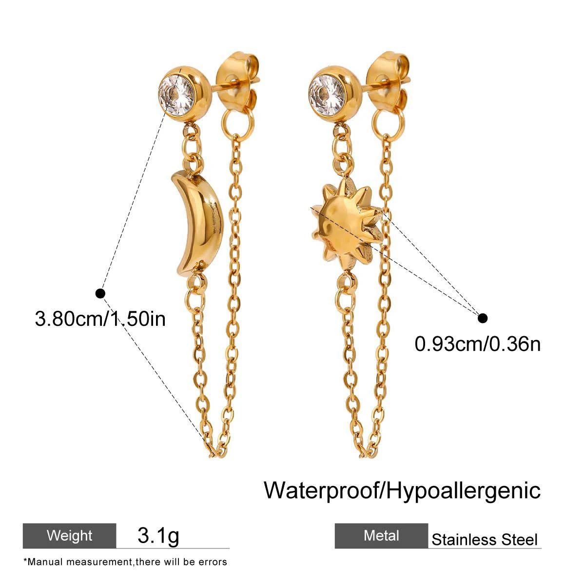 Personality Long Chain Link Dangle Earrings Glossy Tiny Moon Sun Pendant Shiny CZ Zircon Ear Stud 18K Gold Plated Chic Zircon
Personality Long Chain Link Dangle Earrings Glossy Tiny Moon Sun Pendant Shiny CZ Zircon Ear Stud 18K Gold Plated Chic Zircon