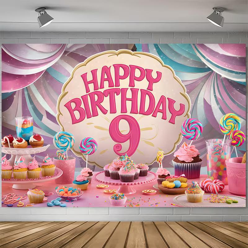 2D Happy 9th Birthday Backdrop Pink Candy Cupcake Lollipop Party Photo Background 47.2x31.5inch/120*80cm
2D Happy 9th Birthday Backdrop Pink Candy Cupcake Lollipop Party Photo Background 47.2x31.5inch/120*80cm