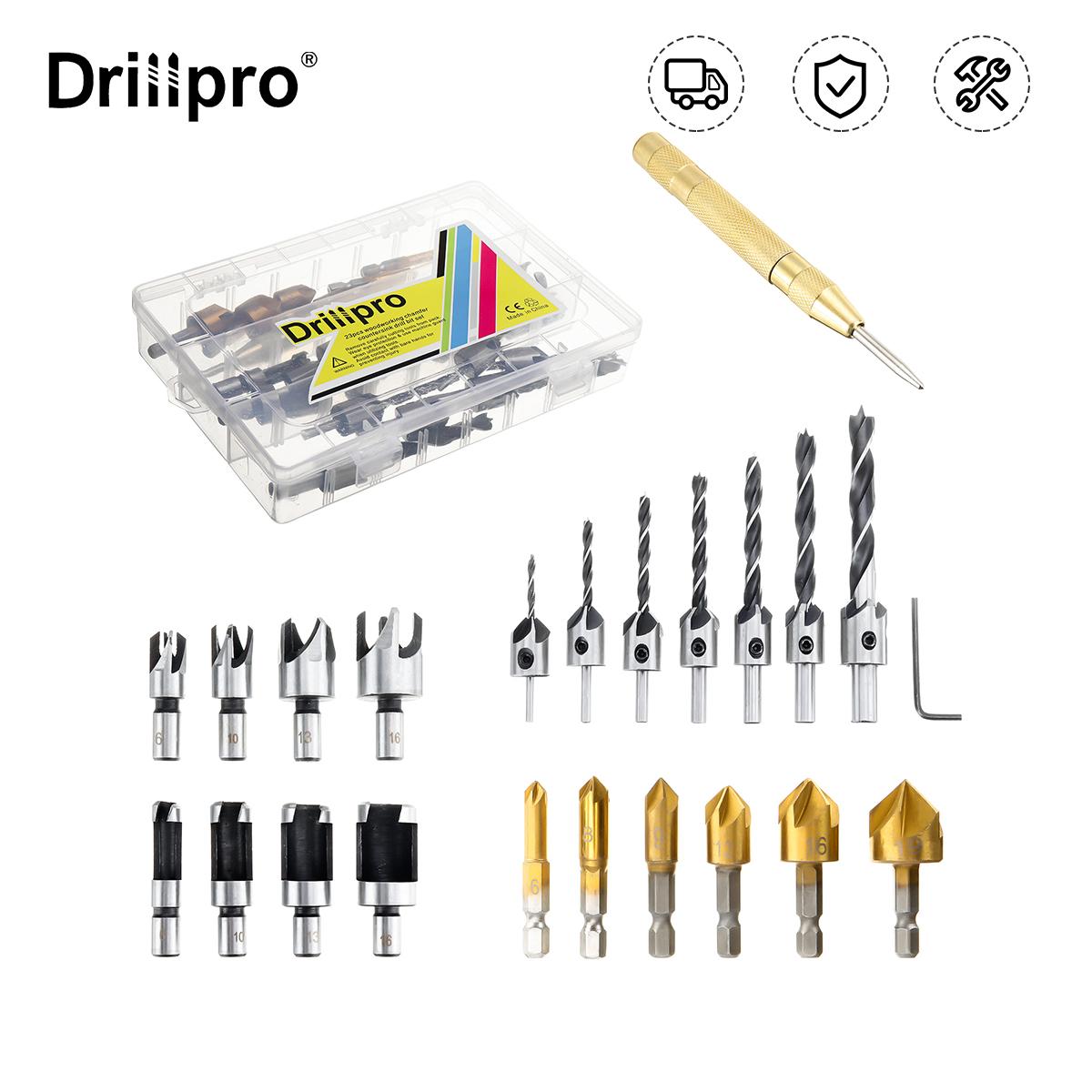 Drillpro 23 шт. Набор сверл для снятия фаски по дереву, зенковка, 5 флейт, сверло для снятия фаски по дереву, автоматический кернер
Drillpro 23 шт. Набор сверл для снятия фаски по дереву, зенковка, 5 флейт, сверло для снятия фаски по дереву, автоматический кернер
