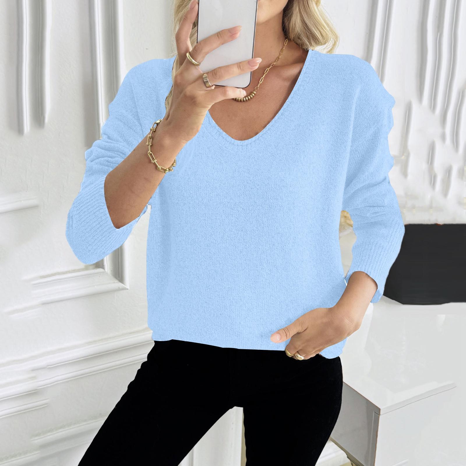 Women V Neck Long Sleeve Knit Pullover Sweater Relaxed Fit Ribbed Cuffs Hem Soft Lightweight Top for Daily Wear XL небо синє кольору
Women V Neck Long Sleeve Knit Pullover Sweater Relaxed Fit Ribbed Cuffs Hem Soft Lightweight Top for Daily Wear XL небо синє кольору