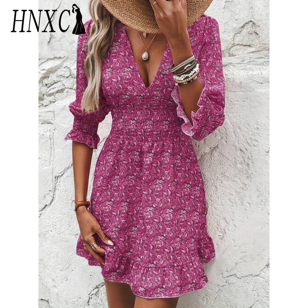 HNXC Летние мини-платья с цветочным принтом Женские Винтажные Сексуальные А-силуэта с V-образным вырезом и рукавом до локтя Вечернее платье Женское Повседневное Элегантное Пляжное платье XXL фиолетовый