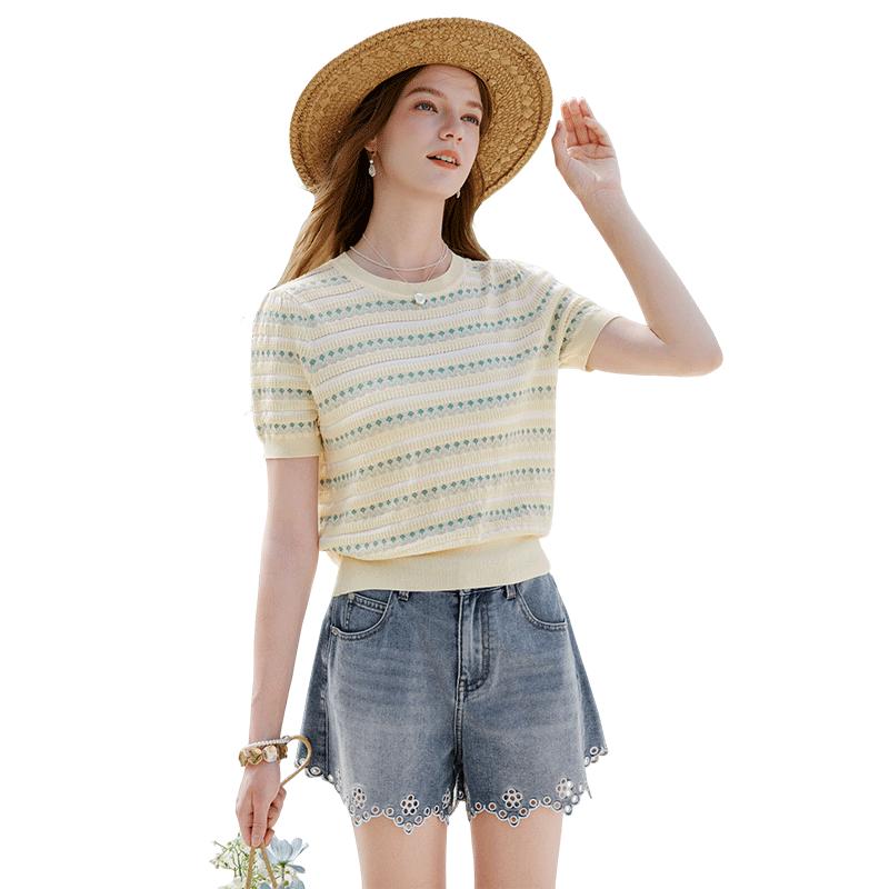 Women s Round Neck Striped Knit Short Sleeve Top M
Women s Round Neck Striped Knit Short Sleeve Top M