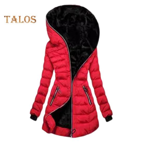 Женское зимнее хлопковое пальто с капюшоном, застегивающееся на молнию, плюшевая подкладка, утепленная куртка Winddoof, средняя длина, длинный рукав, эластичные манжеты, уличное пальто M красный